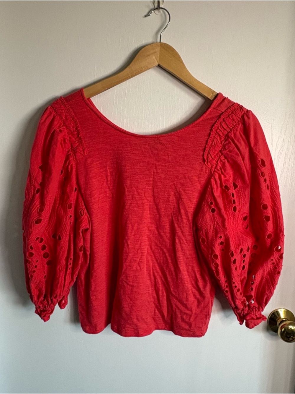 Express Red/Orange Eyelet Puff Sleeve Knit Top Size S Y2K Cottagecore Boho